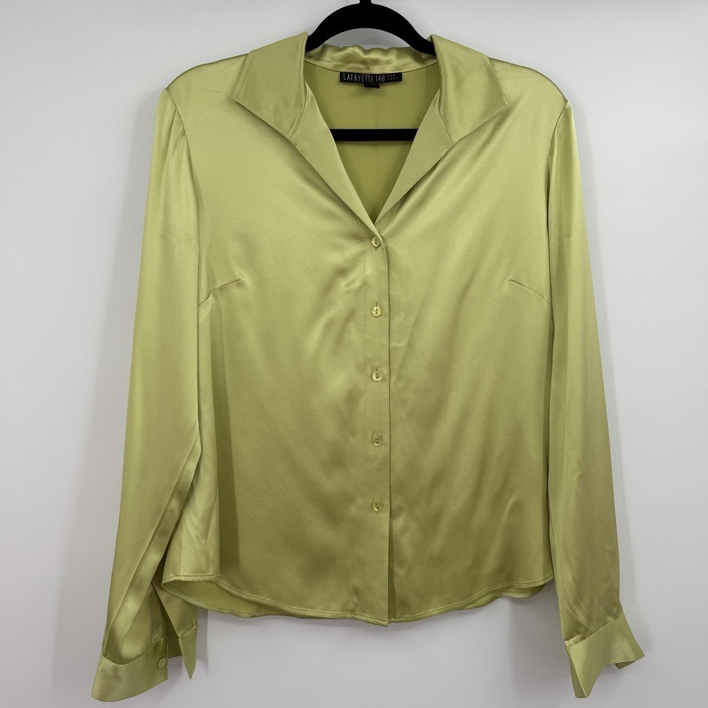 Lafayette 148 Button-Up Womens 10 Green Silk Satin Collared Long Sleeve